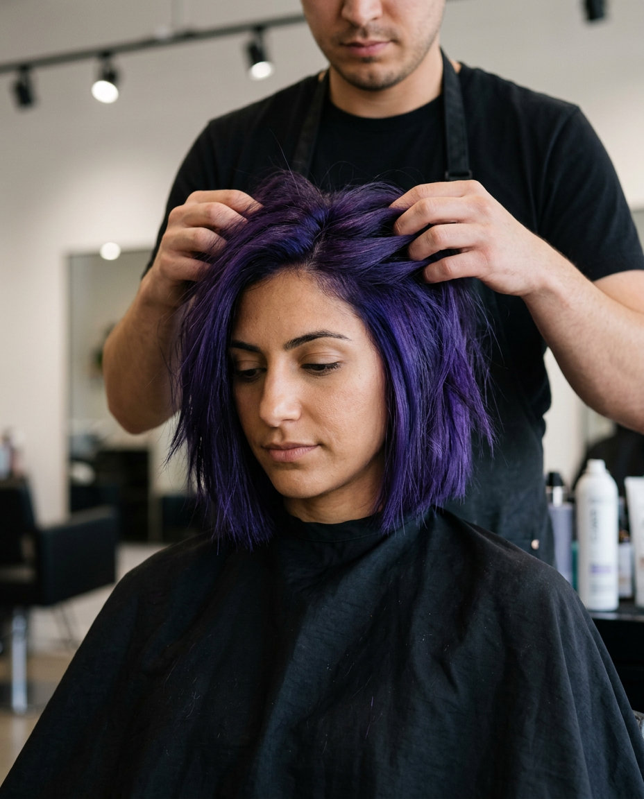 chin-length blunt bob in deep violet, textured, edgy — music festival