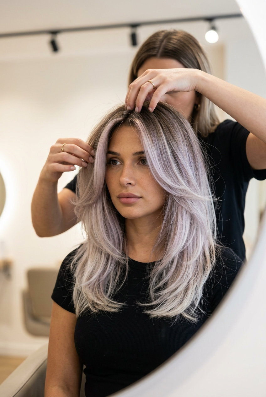 Violet-Kissed Ash Blonde Melt 2026 medium ash blonde color melt with violet undertones, seamless transition, no fringe — playful