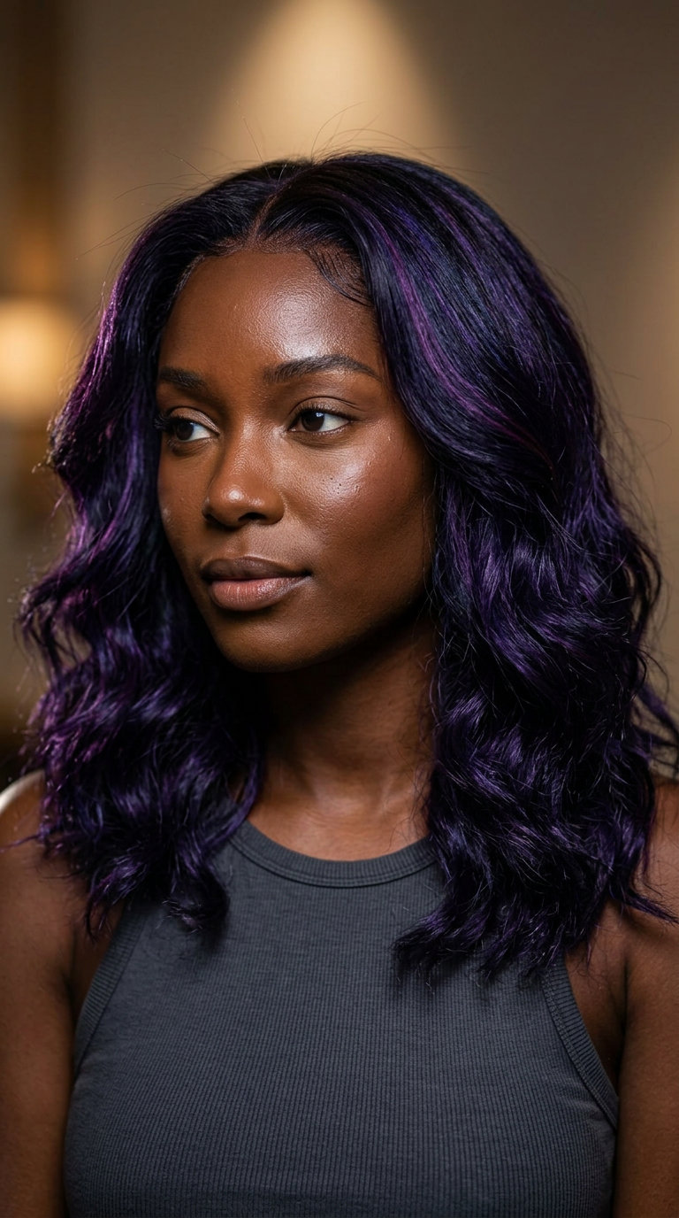 long violet midnight scattered highlights with deep violet, foilayage, no fringe — edgy summer vampy