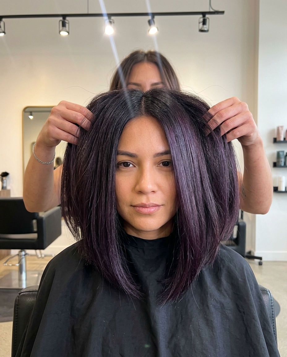 short violet midnight color melt with A-line bob, bold and mysterious