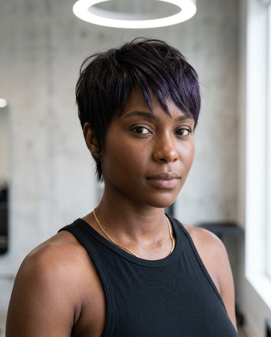 short razored pixie haircut with violet midnight shadow root midnight brunette, choppy layers, no fringe — edgy