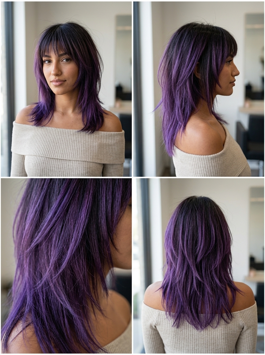 medium violet ombré wolf cut with razored layers and choppy bangs for festivals