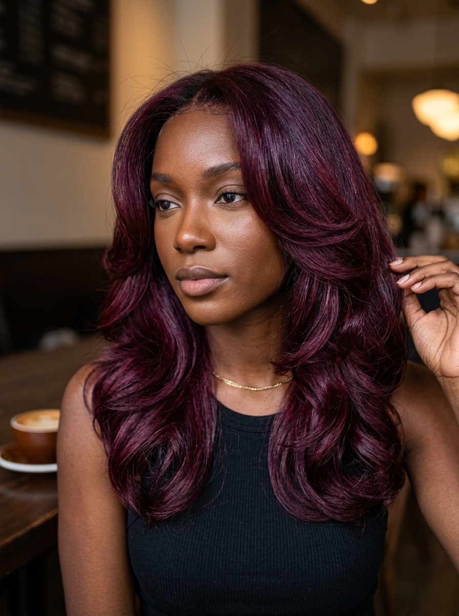 long layered haircut in deep violet-red with black cherry undertones, face-framing layers, no bangs — romantic glamorous