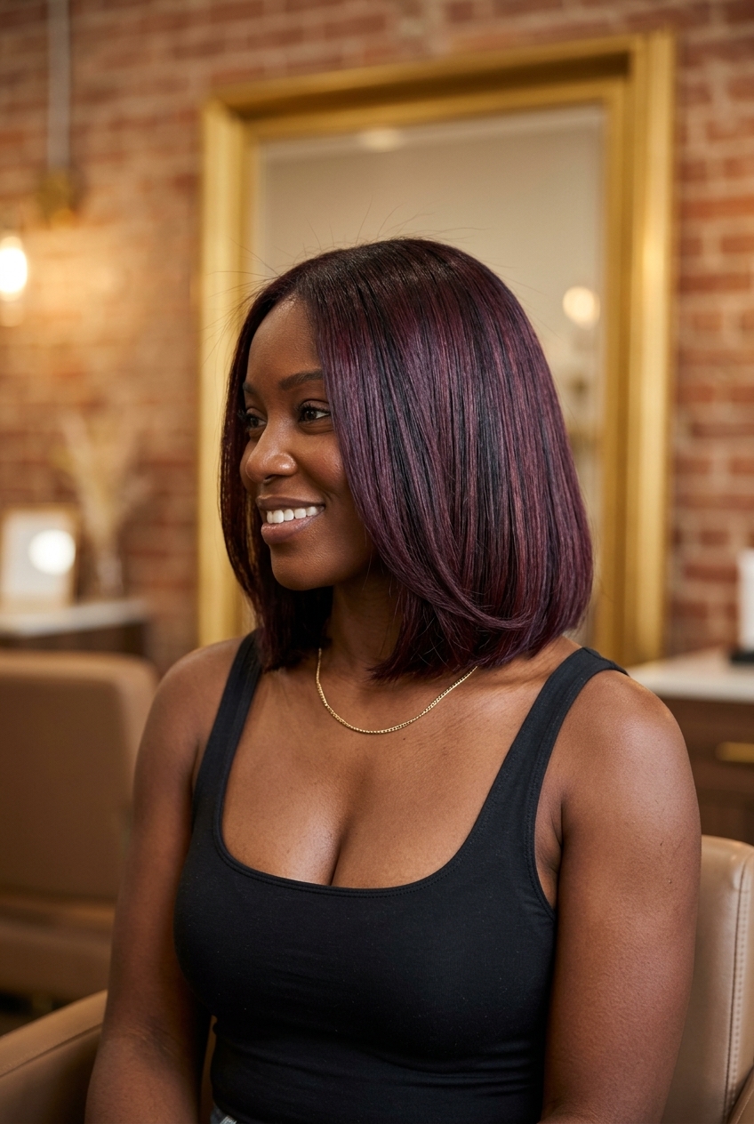 shoulder-length blunt lob haircut in deep violet-red with black ink lowlights, sleek finish, no bangs — chic professional