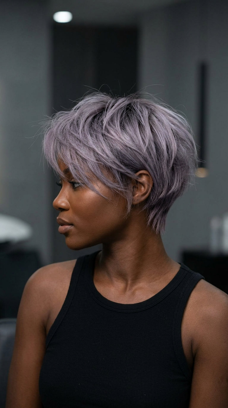 short razored bixie haircut with muted violet lavender grey, wispy fringe — edgy artistic