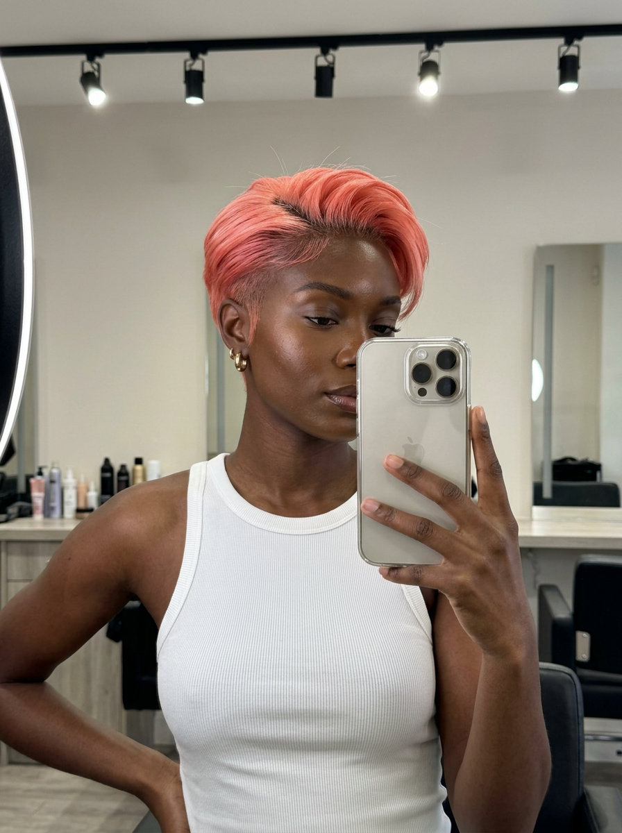 short haircut with undercut and swept fringe in vivid coral pink