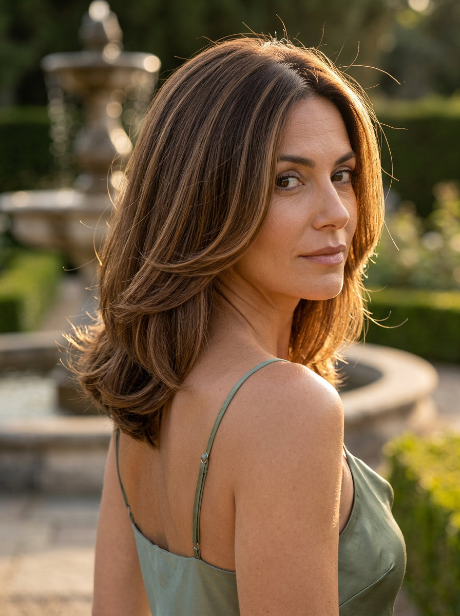 collarbone-length layered haircut in walnut brunette with caramel ribbons for summer