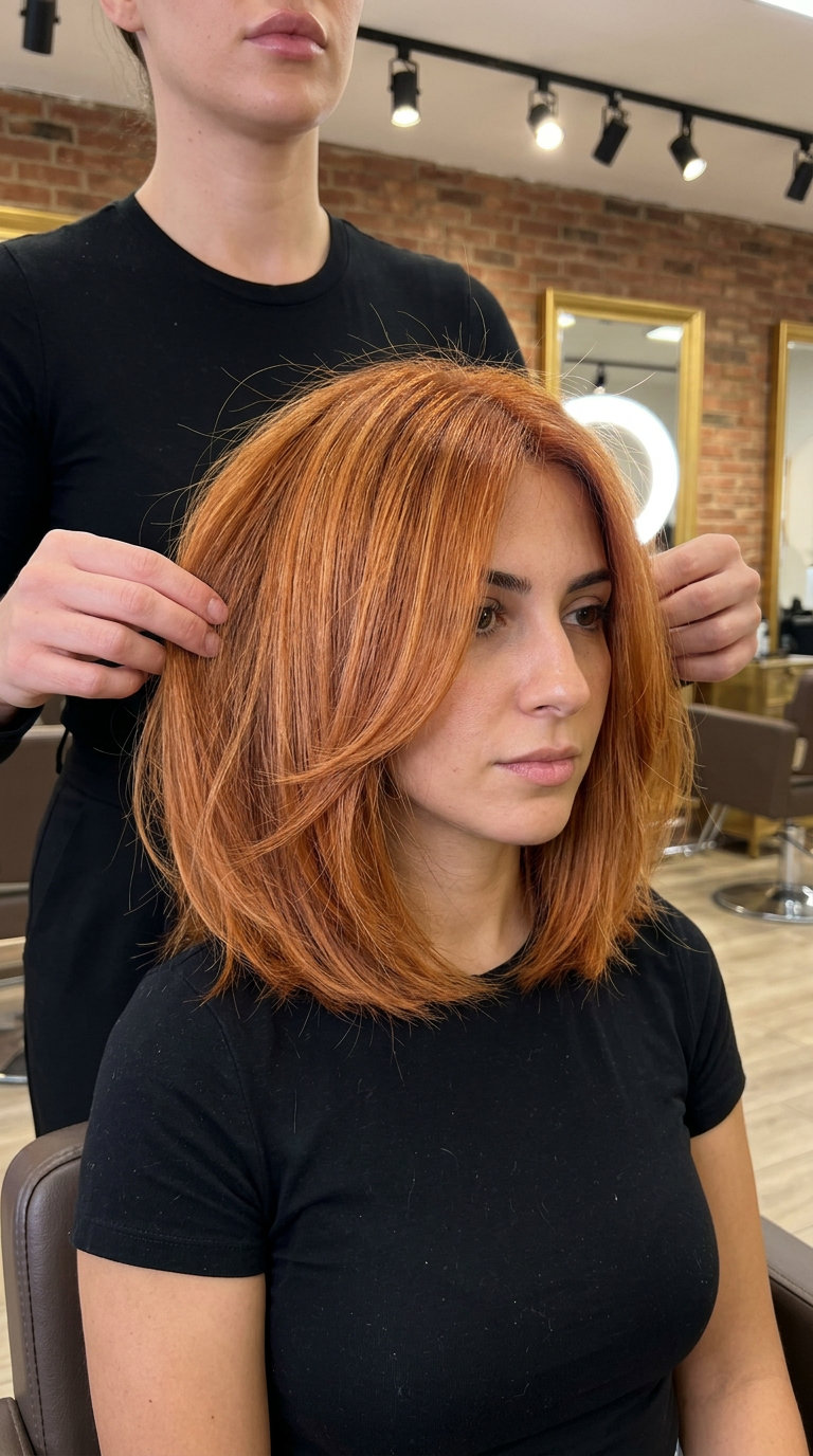 collarbone-length cut with warm amber glaze, copper undertones, and textured layers for playful modern style