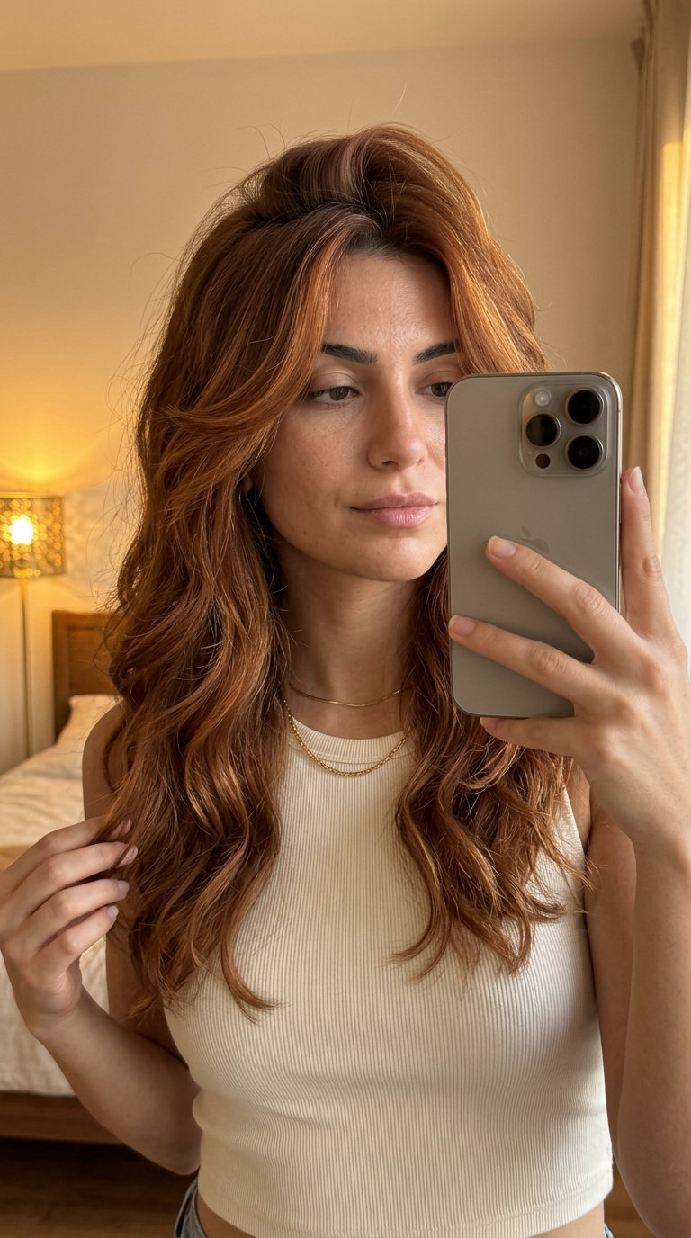 long warm auburn cascade with golden copper balayage and face-framing layers for beach vacation
