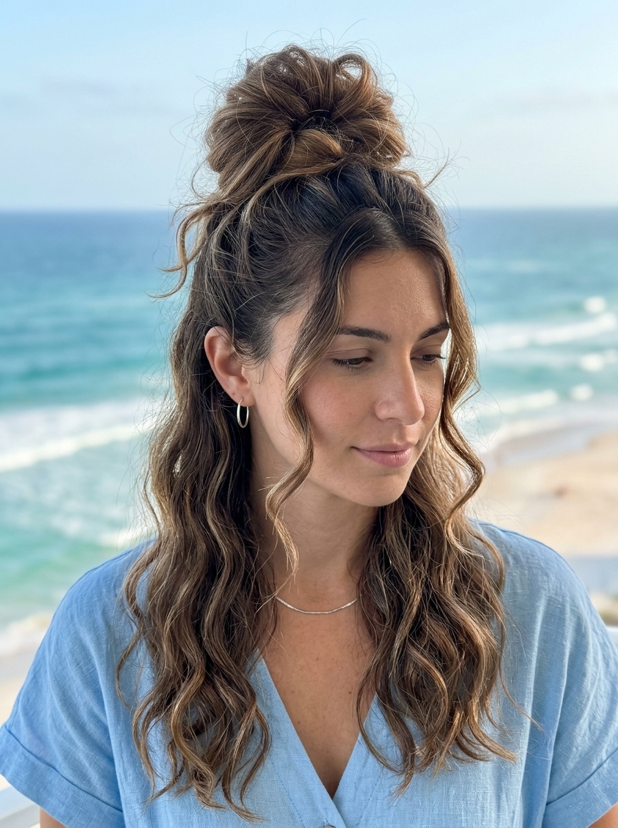 Messy Top Knot: Warm Brown Waves 2026 long wavy hair with warm brown caramel highlights, messy top knot — effortless chic look