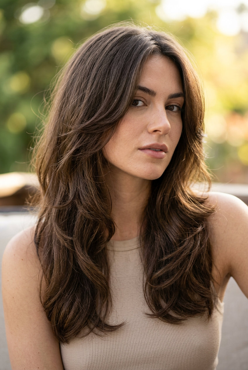 below collarbone layered haircut in warm brunette with caramel lowlights for summer