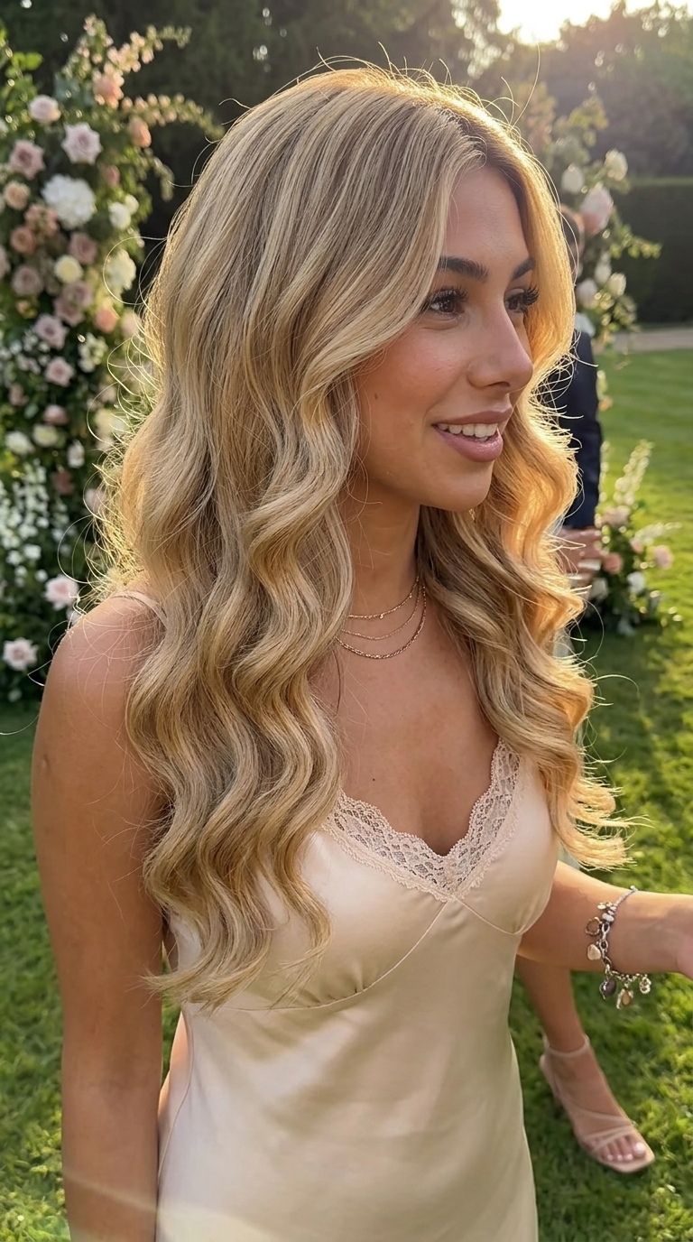 Golden Age Glamour Waves 2026 long warm buttercream blonde haircut with babylights and sweeping layers for glamorous waves