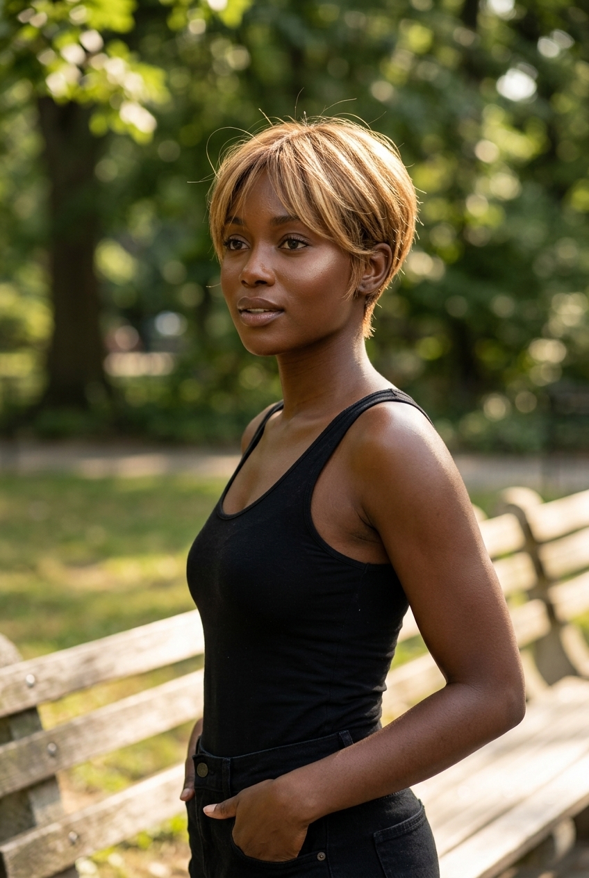 very short bixie pixie haircut with warm honey blonde babylights and feathered face-framing for summer