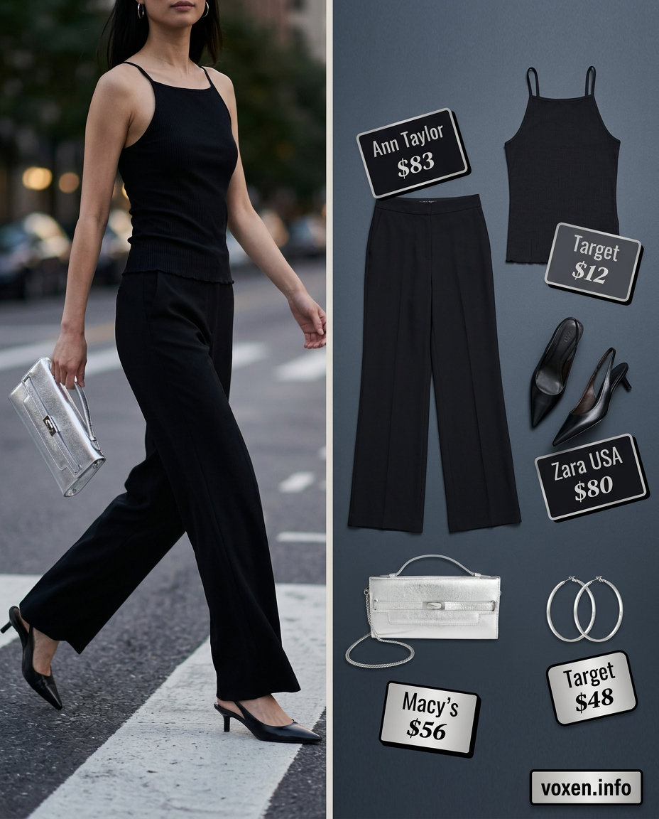 Cami Top Summer 2026: Monochrome Minimalist Evening Outfit What to Wear with Cami Top Summer 2026: Black wide-leg pants, camisole for evening out.