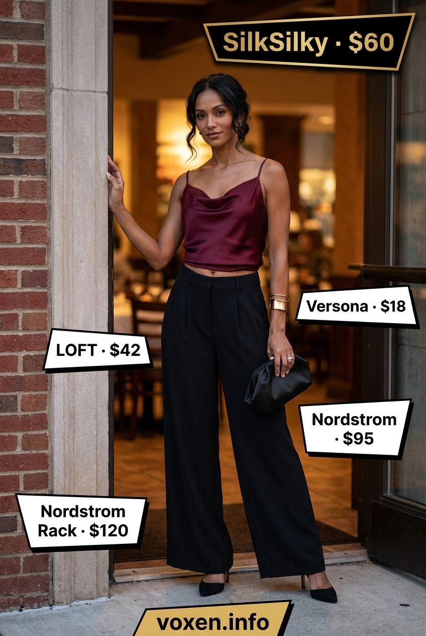 Cami Top Summer 2026: Sunset Cruise Elegant Evening Outfit What to Wear with Cami Top Summer 2026: Burgundy silk camisole, palazzo pants for evening.