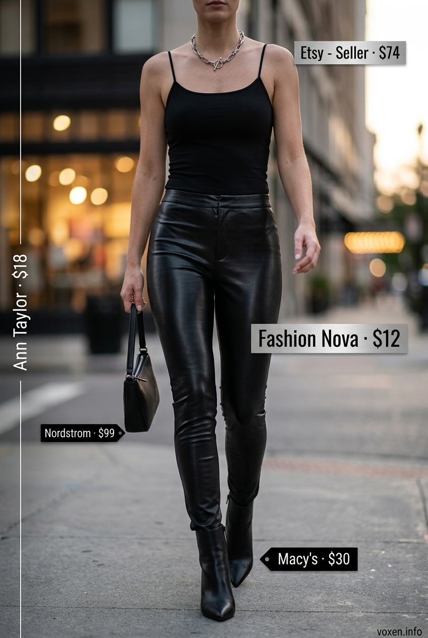City Lights: Cami Top Summer 2026 Look City Lights Ready: What to Wear with Cami Top Summer 2026. Black faux leather pants, black cami, silver accessories for night out.