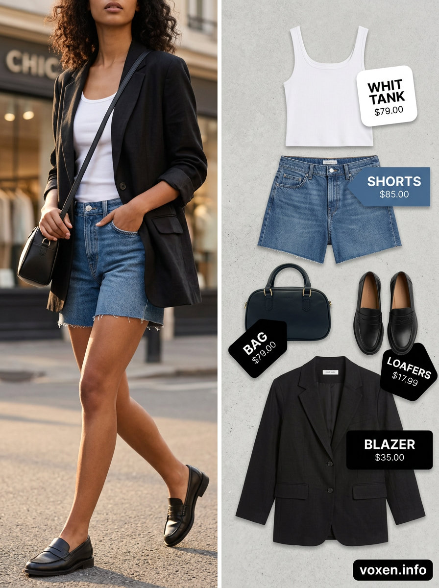 Cami Top Summer 2026: Urban Explorer Blazer Denim Outfit What to Wear with Cami Top Summer 2026: Denim shorts, blazer for urban exploration.