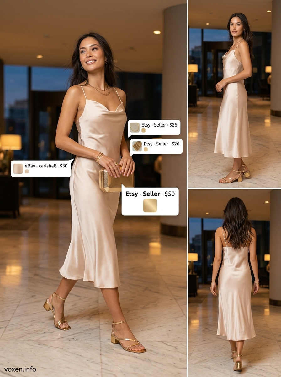 Golden Hour Dress: Cami Top Summer 2026 Style Golden Hour Slip Dress: What to Wear with Cami Top Summer 2026. Champagne slip dress, gold heels for cocktail party.