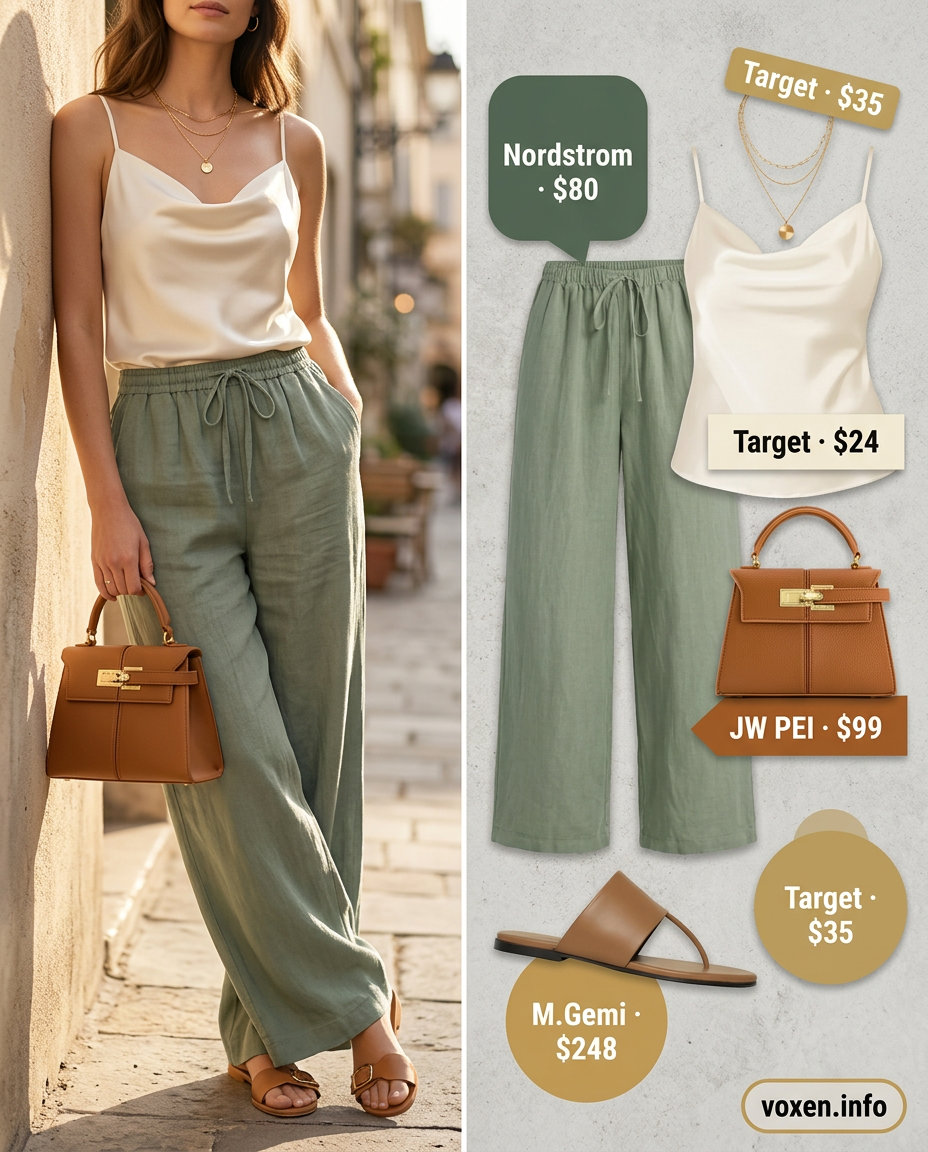 Chic Cami Top Outfits Summer 2026 Relaxed chic outfit: cream cami, sage green linen pants, flat sandals. What to wear with cami top summer 2026.