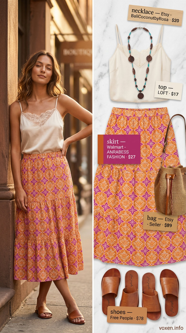 Romantic Cami Top Outfits Summer 2026 Romantic summer outfit: ivory lace cami, sunset ombre maxi skirt, tan slides. What to wear with cami top summer 2026.