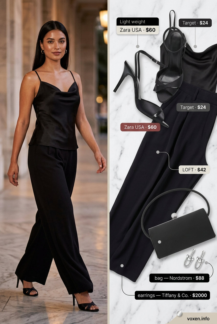 Sophisticated date night outfit: black satin cami, wide-leg pants, strappy heels. What to wear with cami top summer 2026.