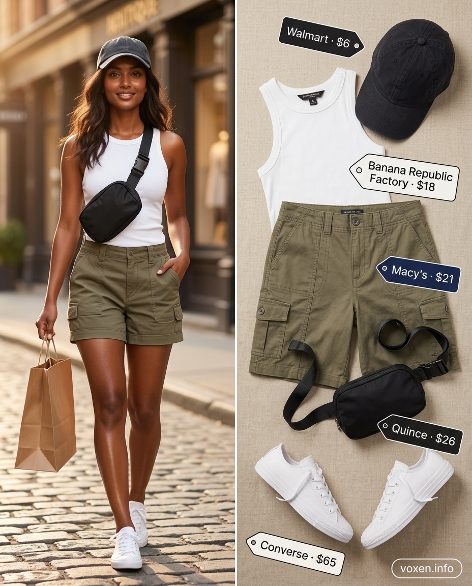 Cami Top Summer 2026: Weekend Explorer Cargo Shorts Outfit What to Wear with Cami Top Summer 2026: Olive cargo shorts, white tank for casual weekend.