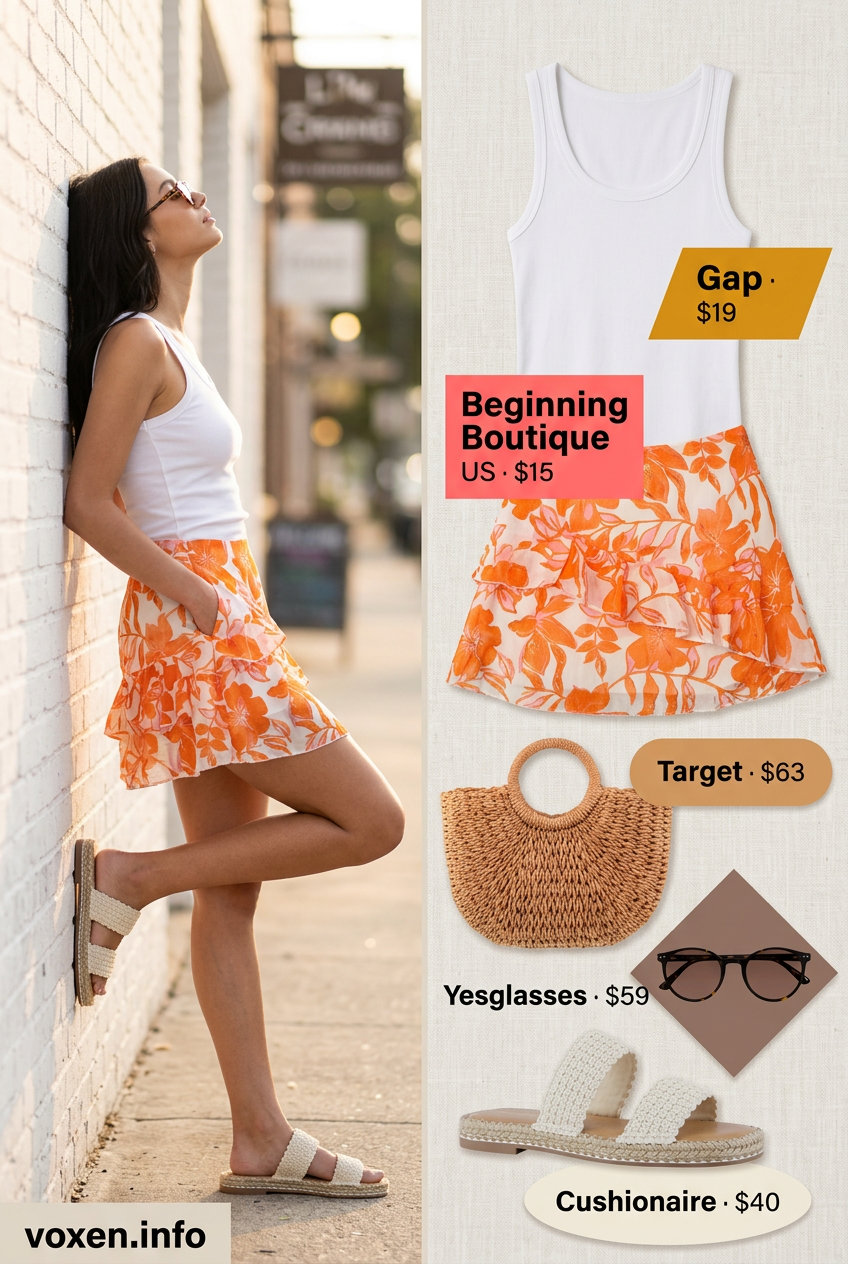 Cami Top Summer 2026: Citrus Grove Chic Brunch Outfit What to Wear with Cami Top Summer 2026: Orange floral skirt, white tank, espadrilles for brunch.