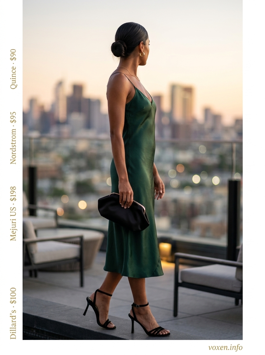 Evening Cami Top Outfits Summer 2026 Elegant evening outfit: emerald green slip dress, black heels, gold earrings. What to wear with cami top summer 2026.