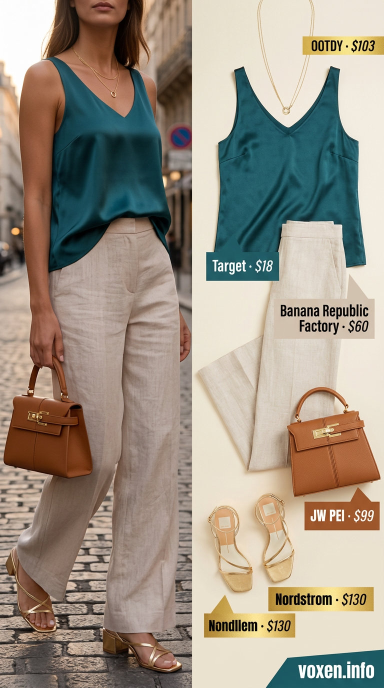 Sunset Serenade: Cami Top Summer 2026 Style Sunset Serenade: What to Wear with Cami Top Summer 2026. Teal satin cami, cream linen pants, gold sandals for evening out.