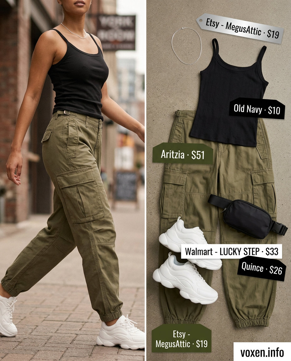 Urban Explorer: Cami Top Summer 2026 Style Urban Explorer: What to Wear with Cami Top Summer 2026. Olive cargo pants, black cami, sneakers for city exploration.