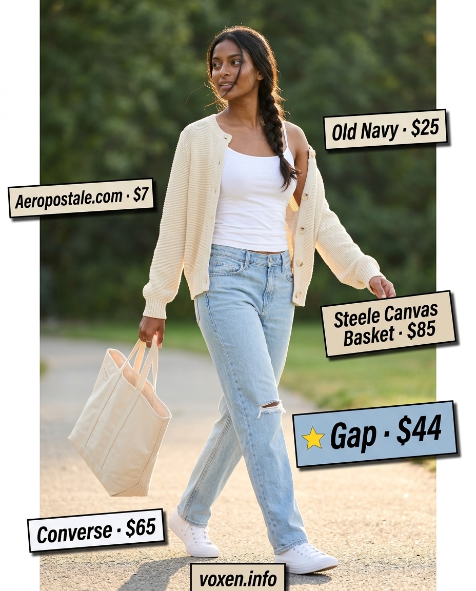 Weekend Getaway: Cami Top Summer 2026 Look Weekend Getaway: What to Wear with Cami Top Summer 2026. White tank, light wash jeans, beige cardigan for travel.