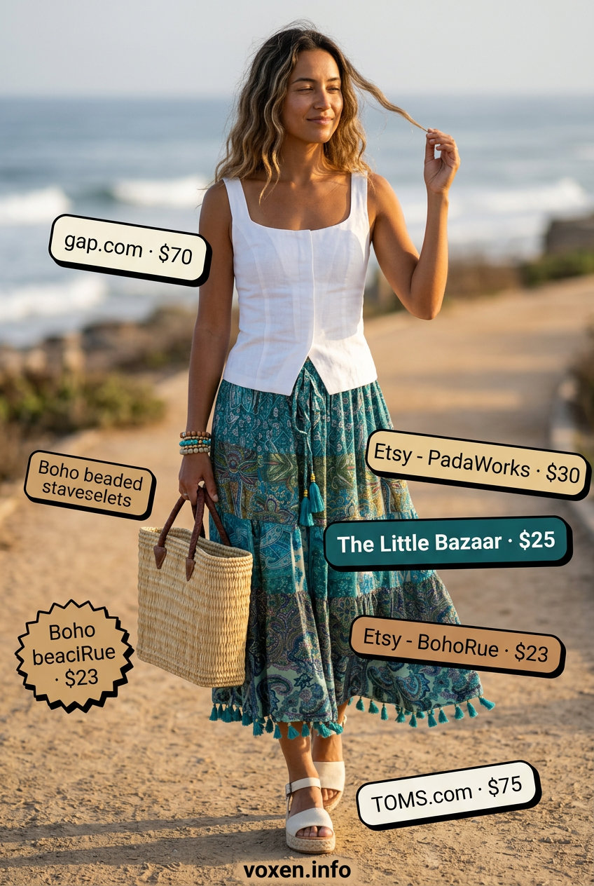 Boho corset top outfit: white linen corset, tribal print skirt, straw tote. Great for beach days.