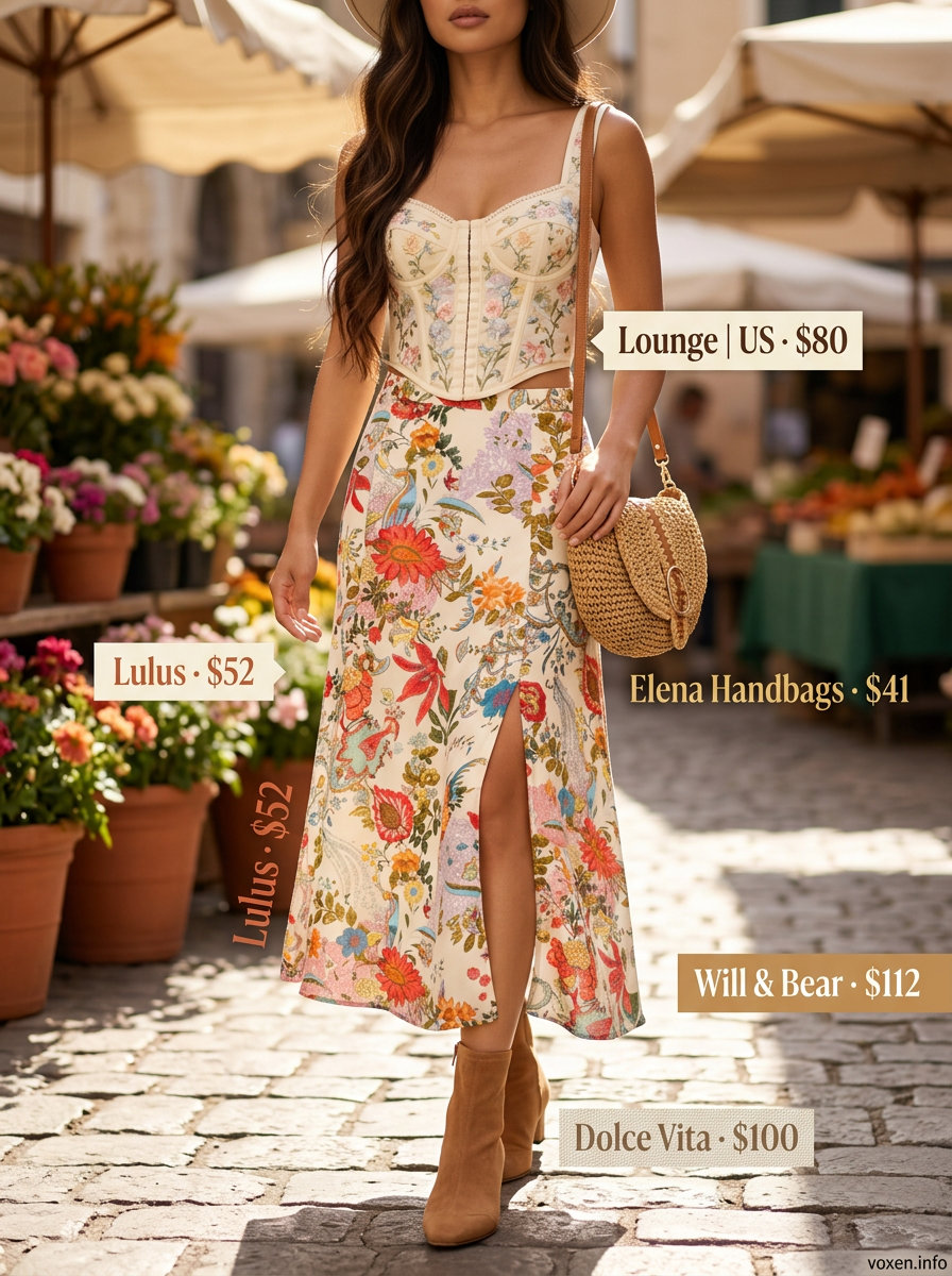 What to Wear with Corset Top Summer 2026: Bohemian eyelet corset top with flowy floral midi skirt.