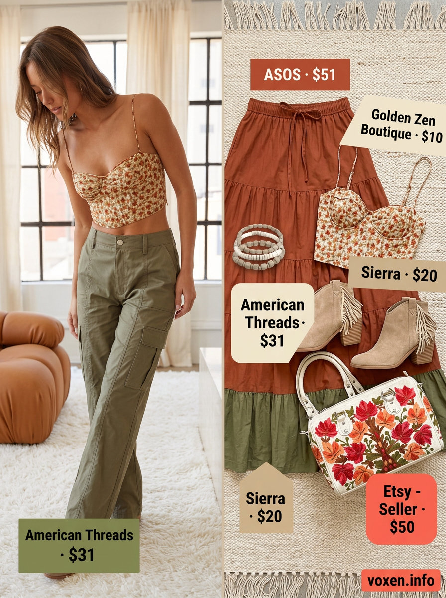 Boho summer festival outfit: floral corset top, tiered maxi skirt, and suede boots. What to wear with corset top summer 2026.