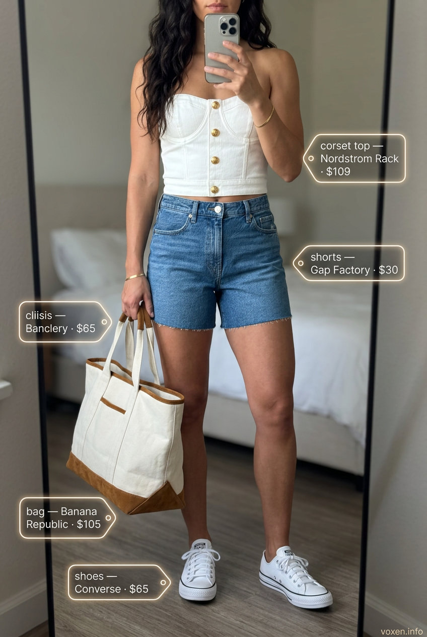 Casual corset top outfit: white corset top, denim shorts, sneakers. Perfect for summer day out.