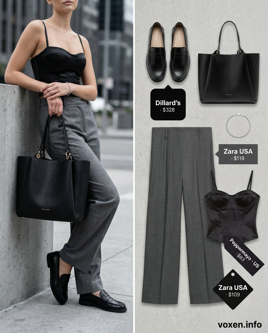 Modern city outfit: structured black corset top, grey tailored trousers, and leather loafers. What to wear with corset top summer 2026.
