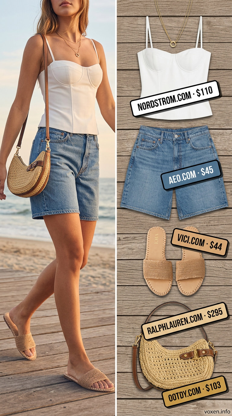 What to Wear with Corset Top Summer 2026: Linen corset top with denim shorts and espadrilles for beach day.