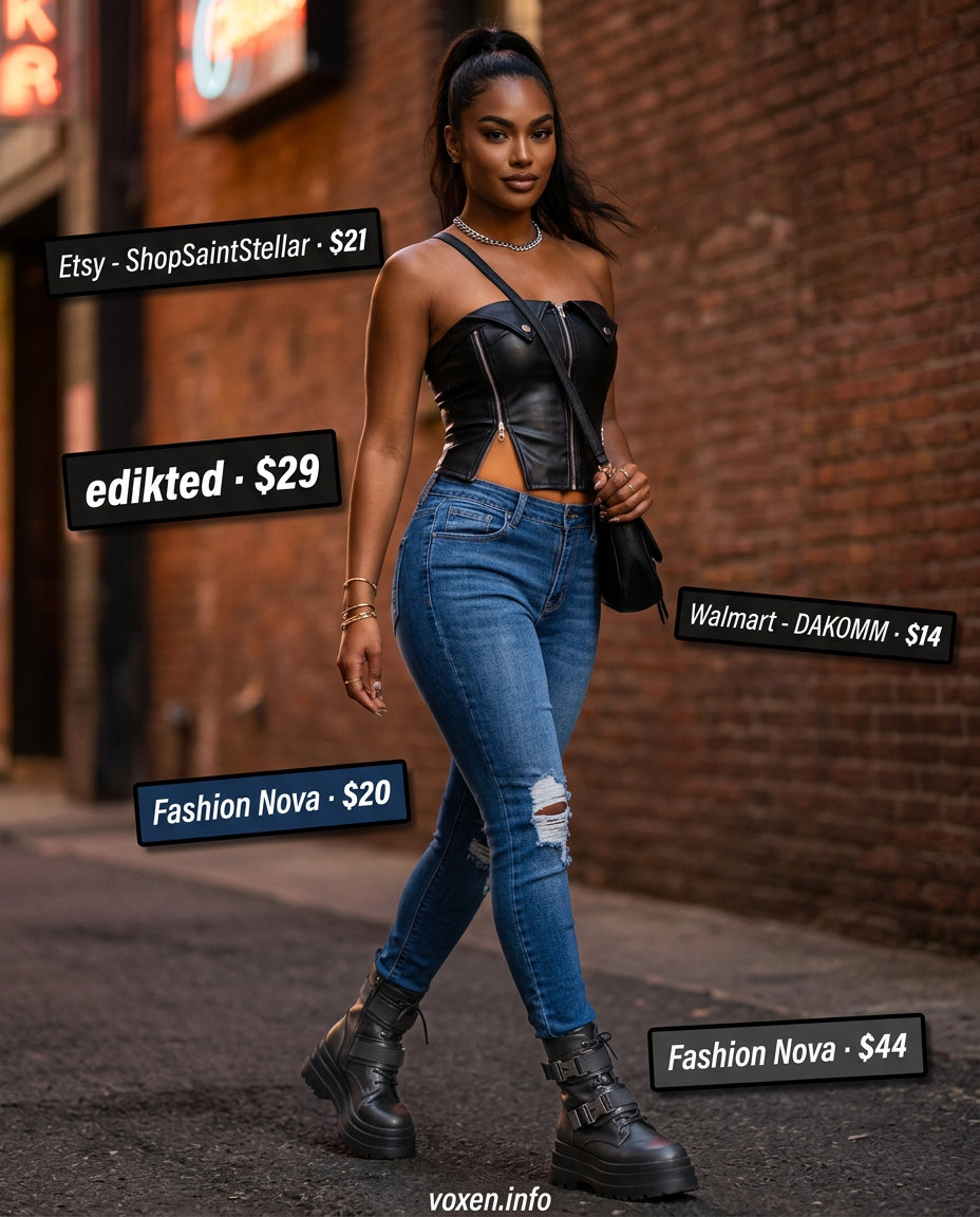 Edgy concert outfit: black faux leather corset top, distressed skinny jeans, and platform boots. What to wear with corset top summer 2026.