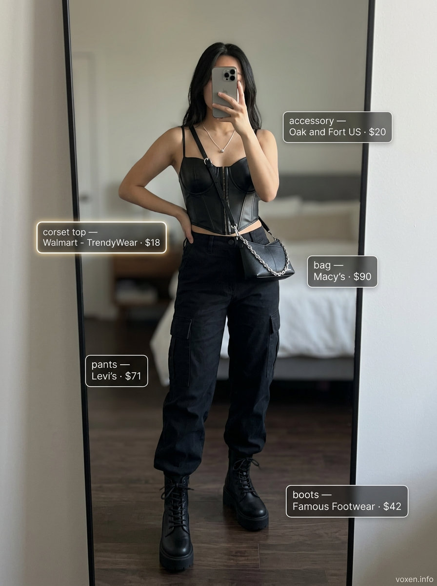Edgy night out outfit with a black corset top, olive green cargo pants, and combat boots. What to wear with corset top summer 2026.