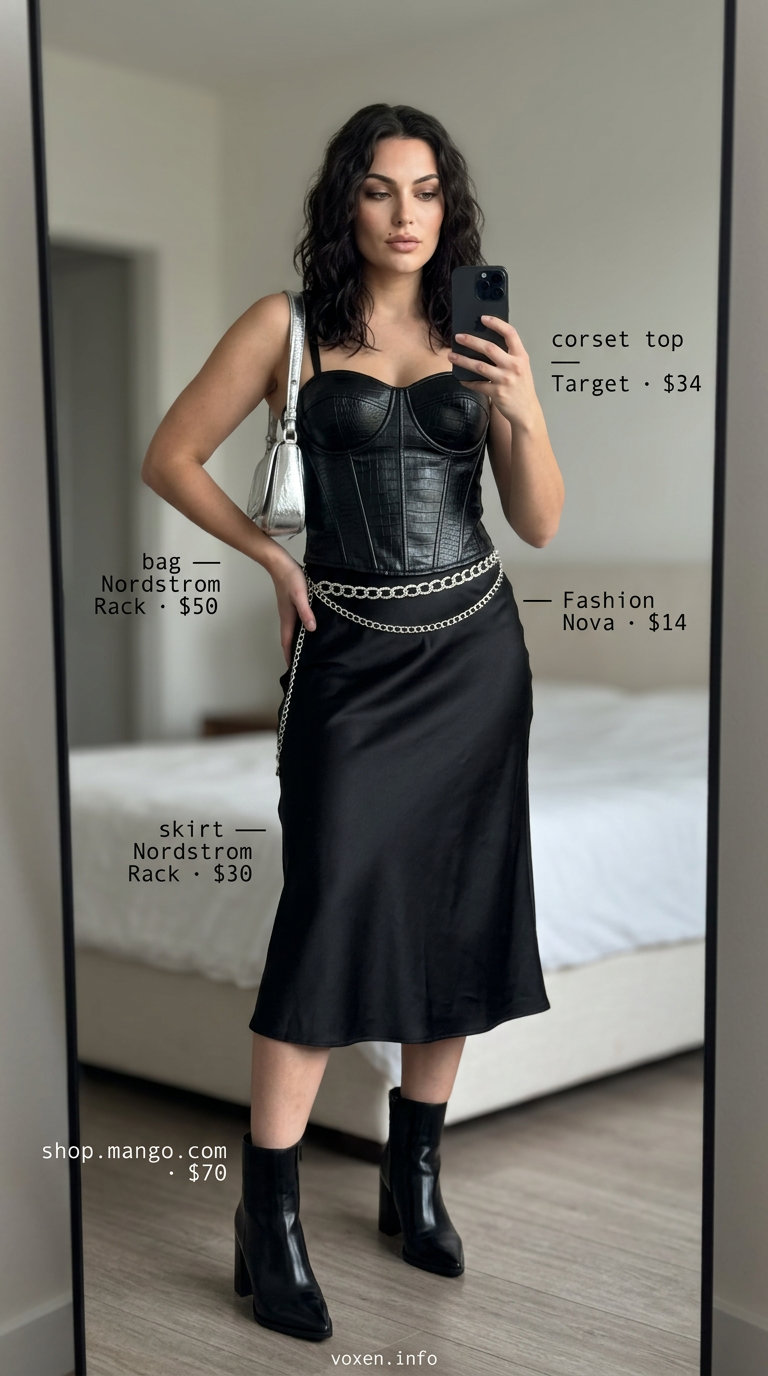 Sleek summer night outfit: black faux leather corset top, satin midi skirt, and ankle boots. What to wear with corset top summer 2026.