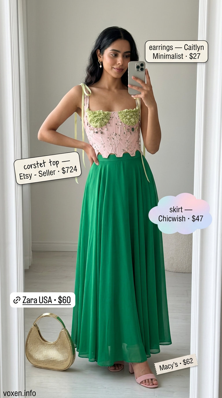 What to Wear with Corset Top Summer 2026: Floral corset top with flowy chiffon maxi skirt for garden party.
