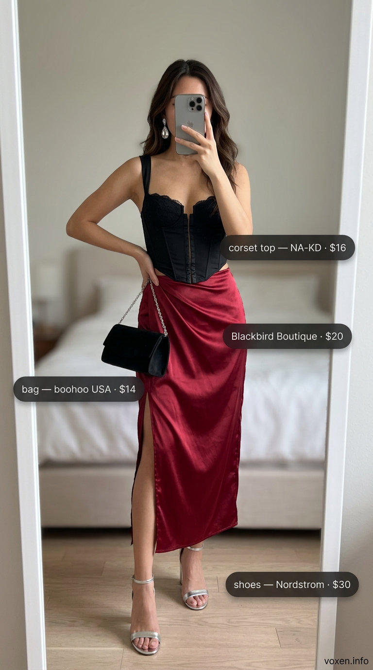 What to Wear with Corset Top Summer 2026: Elegant black lace corset with satin midi skirt for date night.