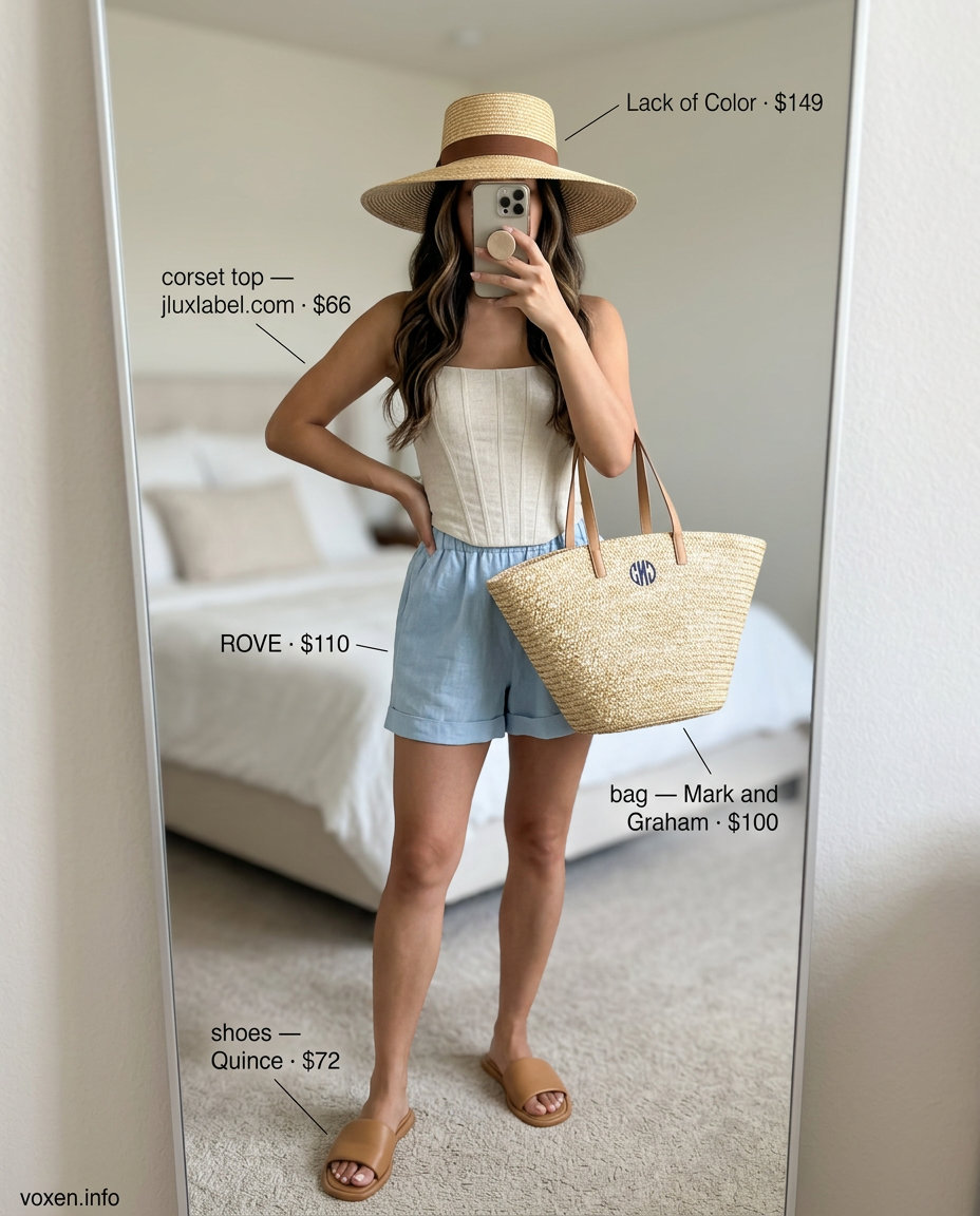 What to Wear with Corset Top Summer 2026: Linen corset top with high-waisted linen shorts and straw accessories.