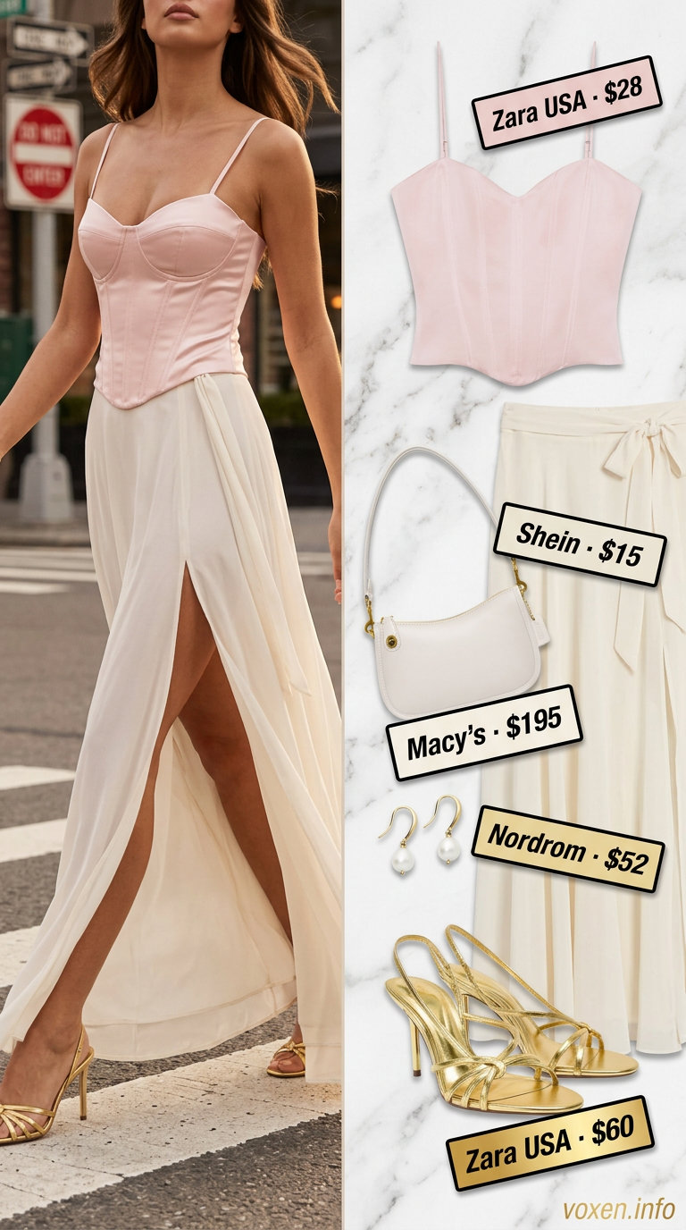 Romantic corset top outfit: blush pink corset, ivory maxi skirt, gold earrings. Ideal for summer dates.