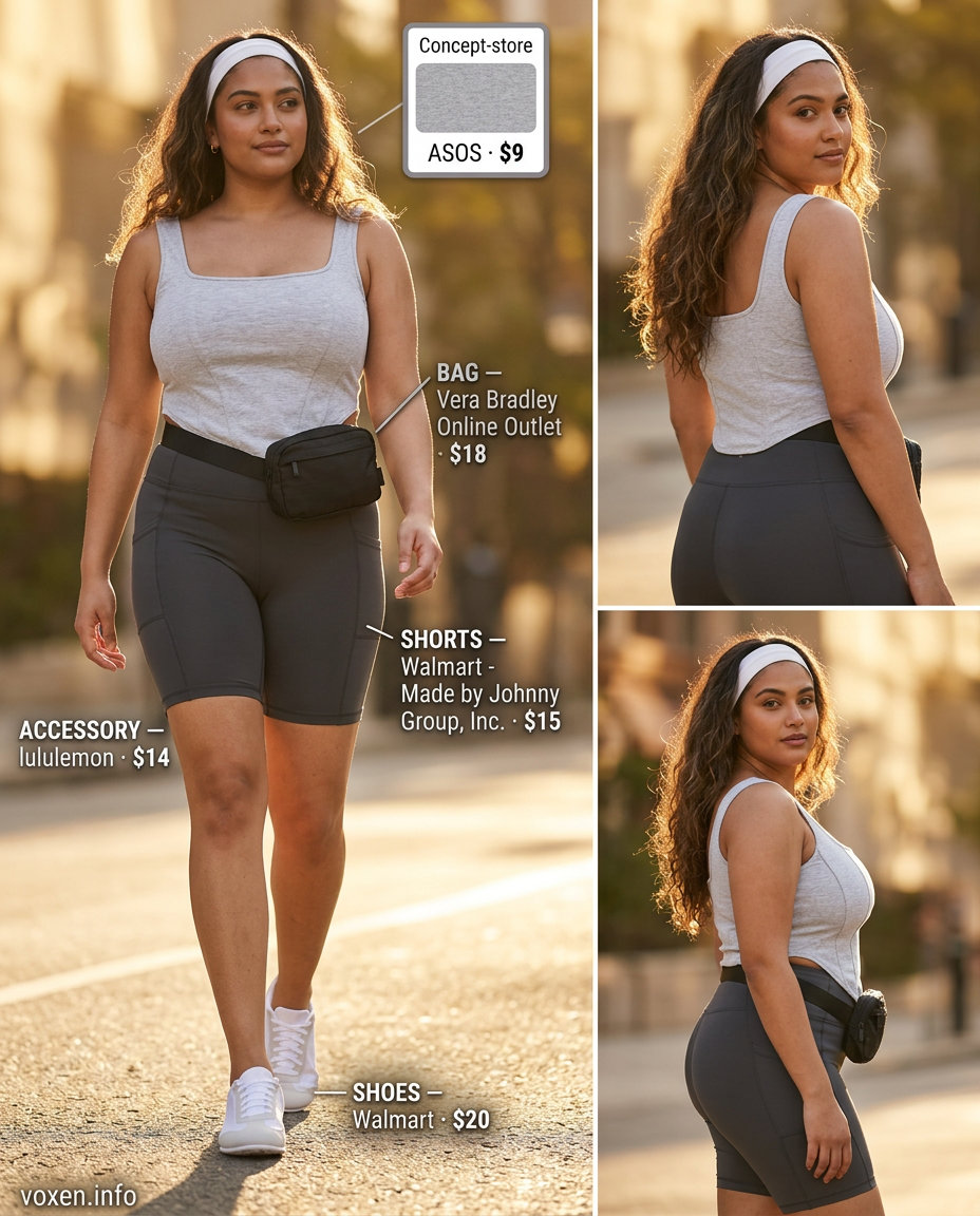Athleisure look: grey knit corset top, biker shorts, and white sneakers. What to wear with corset top summer 2026.