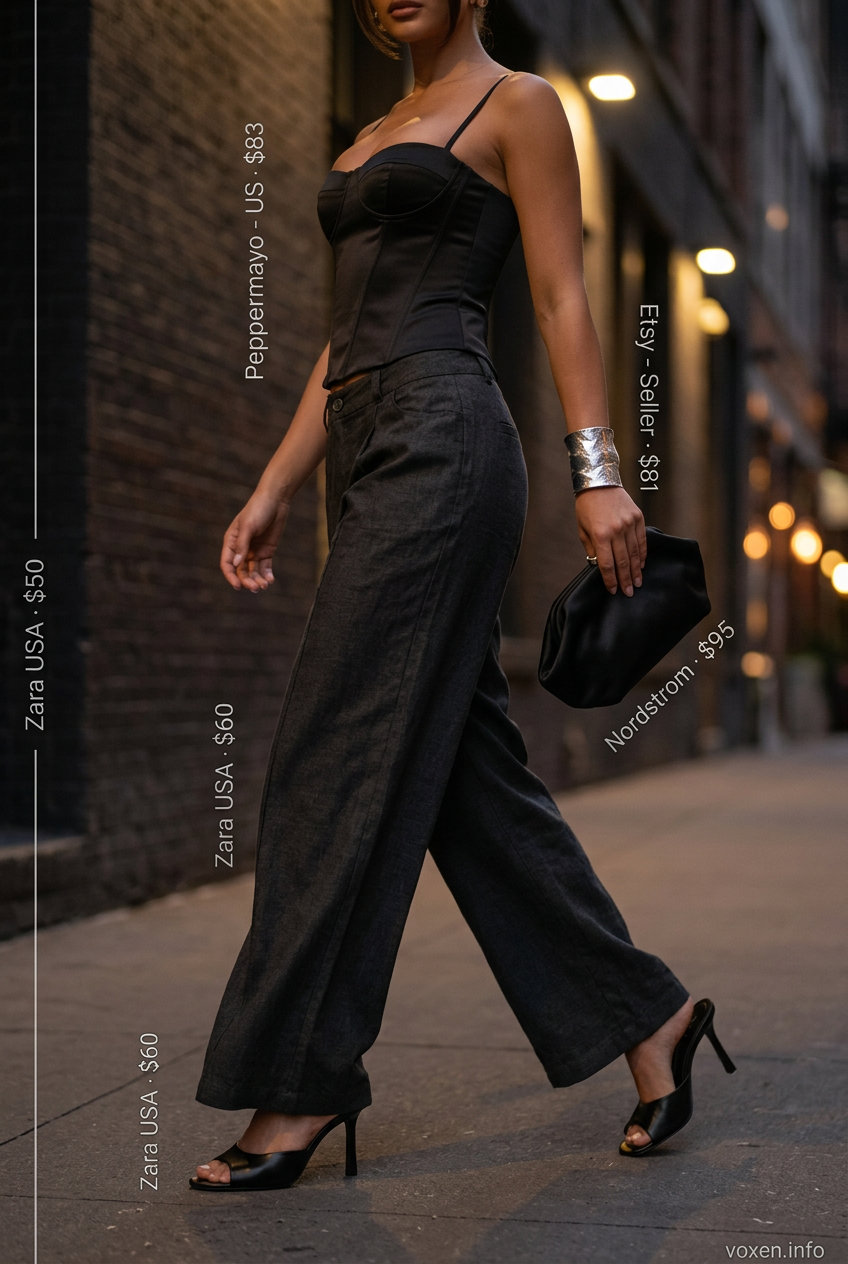 Chic monochrome outfit: black corset top with wide-leg linen pants and silver accessories. What to wear with corset top summer 2026.
