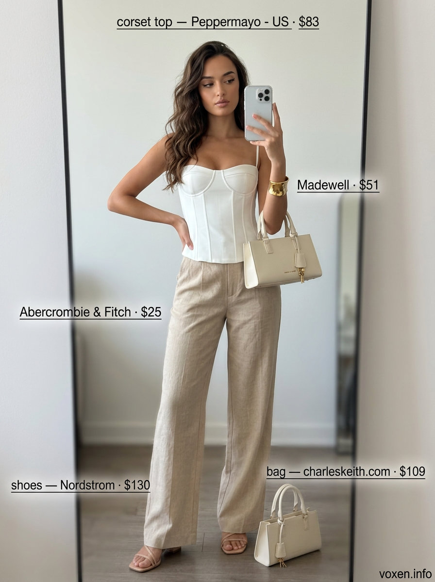 What to Wear with Corset Top Summer 2026: White linen corset top with wide-leg trousers for minimalist style.