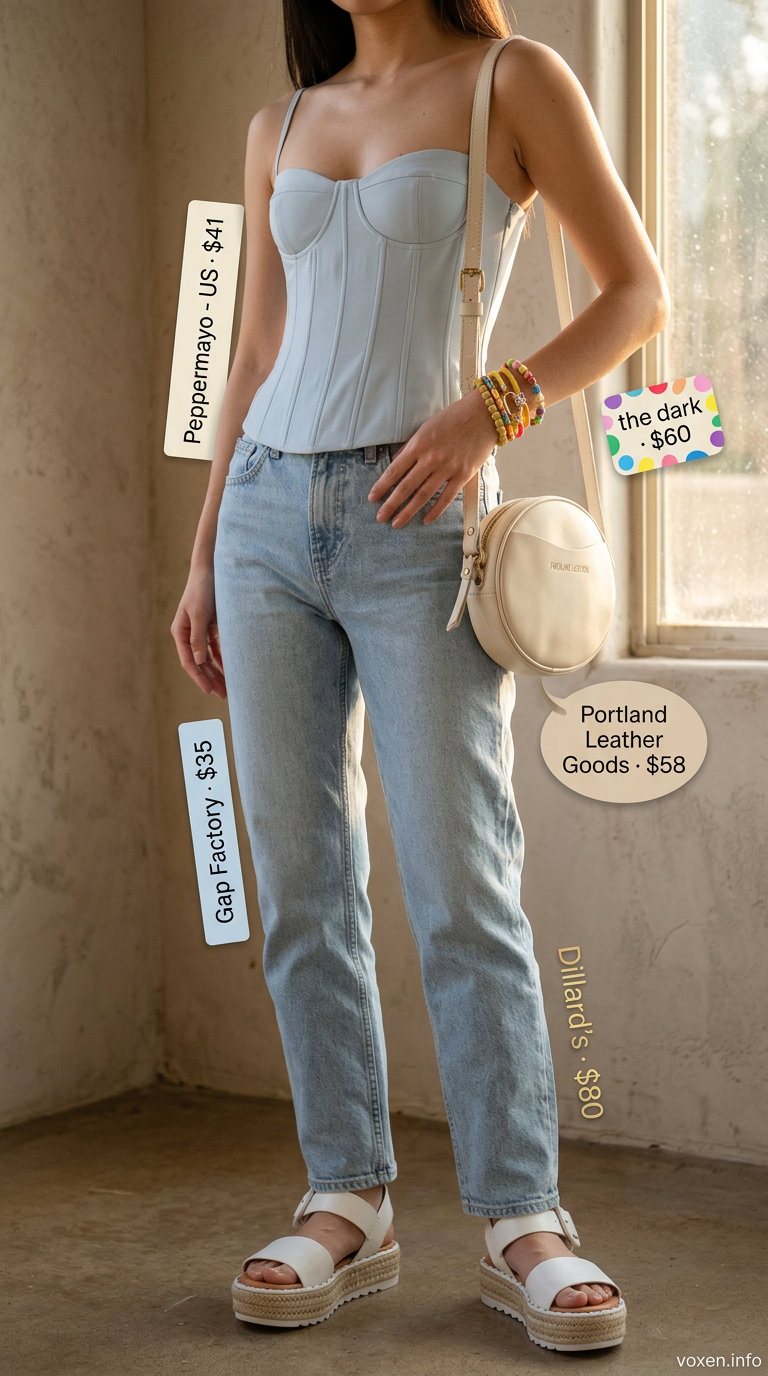 What to Wear with Corset Top Summer 2026: Pastel blue corset top with straight-leg jeans and platform sandals.