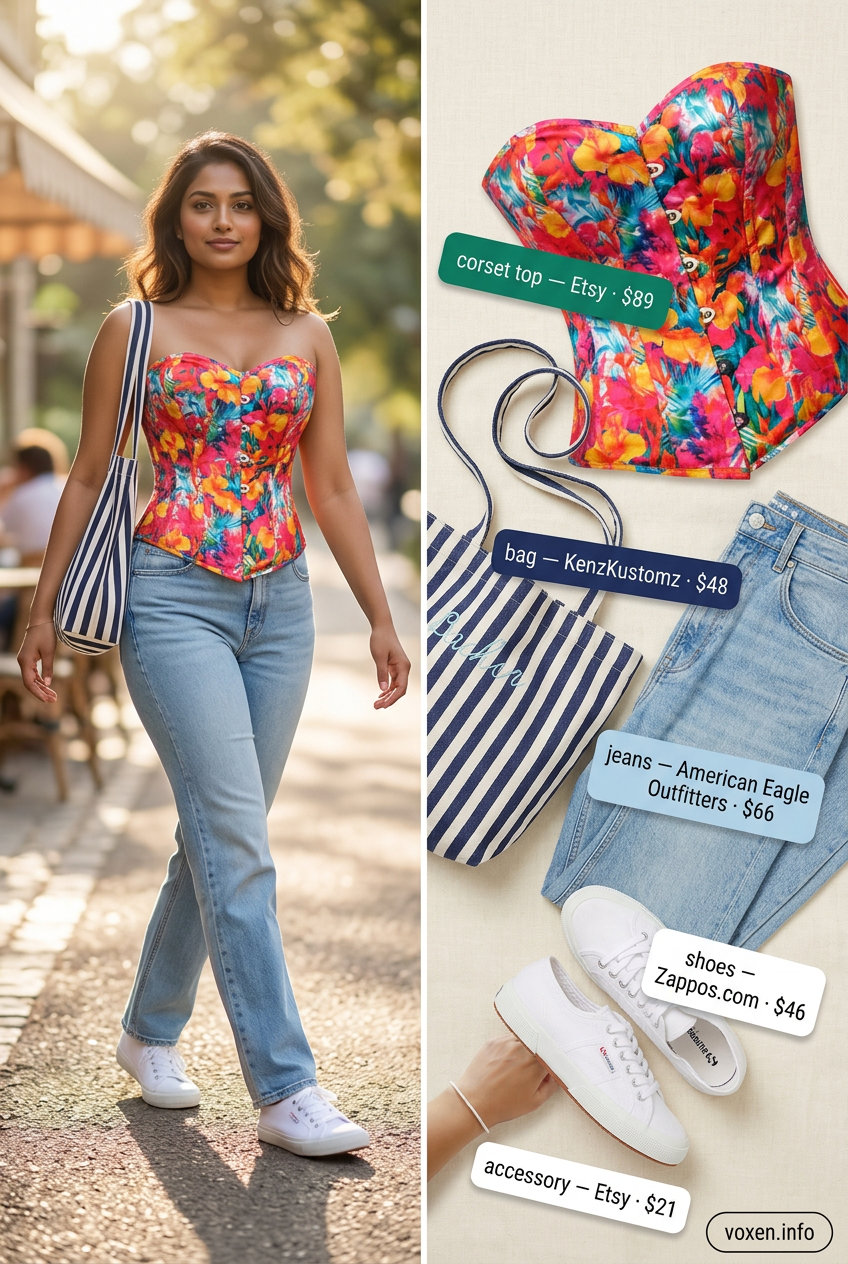 Picnic corset top outfit: floral corset, denim jeans, sneakers. Perfect for casual daytime.