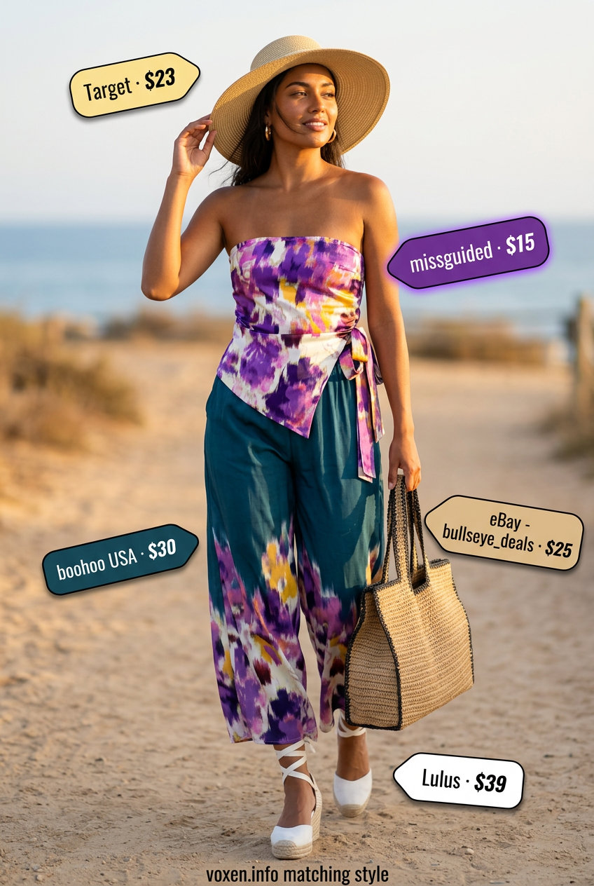 What to Wear with Corset Top Summer 2026: Printed corset top with matching wide-leg pants and espadrille wedges.